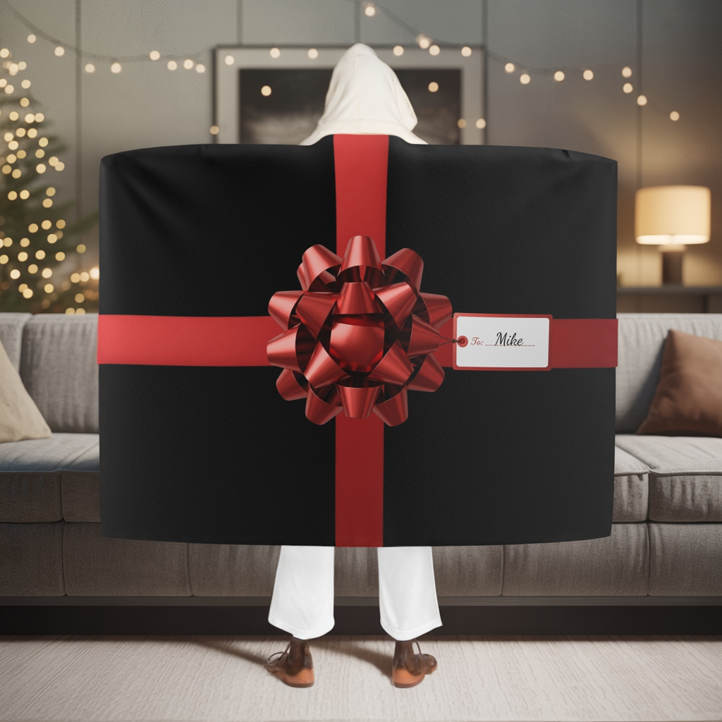 Custom Name Hooded Blanket | Gift Wrap Sherpa Fleece Throw | Cozy Personalized Christmas Gift | Holiday Red Bow Blanket for Him Her