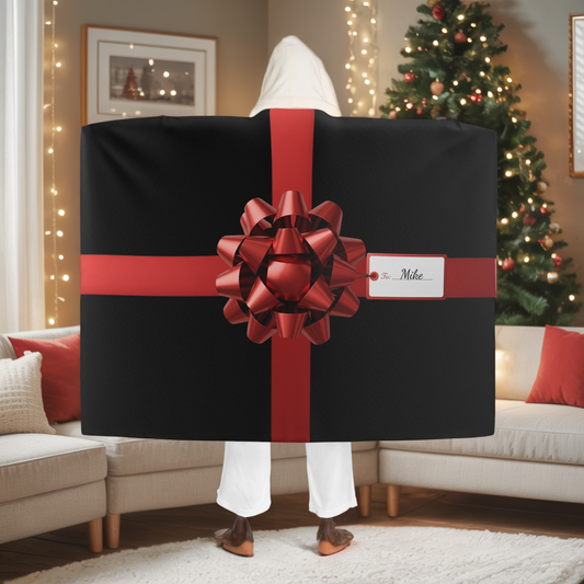Custom Name Hooded Blanket | Gift Wrap Sherpa Fleece Throw | Cozy Personalized Christmas Gift | Holiday Red Bow Blanket for Him Her