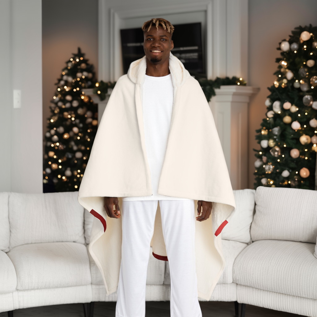 Custom Name Hooded Blanket | Beige Gift Wrap Sherpa Fleece Throw | Personalized Cozy Christmas Gift | Holiday Red Bow Blanket for Him Her