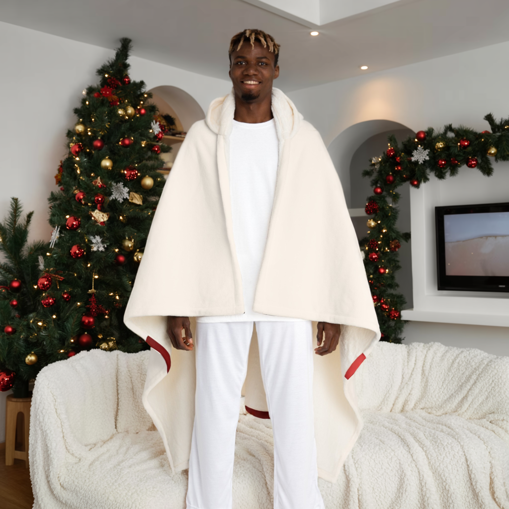 Custom Name Hooded Blanket | Beige Gift Wrap Sherpa Fleece Throw | Personalized Cozy Christmas Gift | Holiday Red Bow Blanket for Him Her