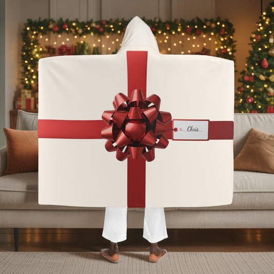 Custom Name Hooded Blanket | Beige Gift Wrap Sherpa Fleece Throw | Personalized Cozy Christmas Gift | Holiday Red Bow Blanket for Him Her