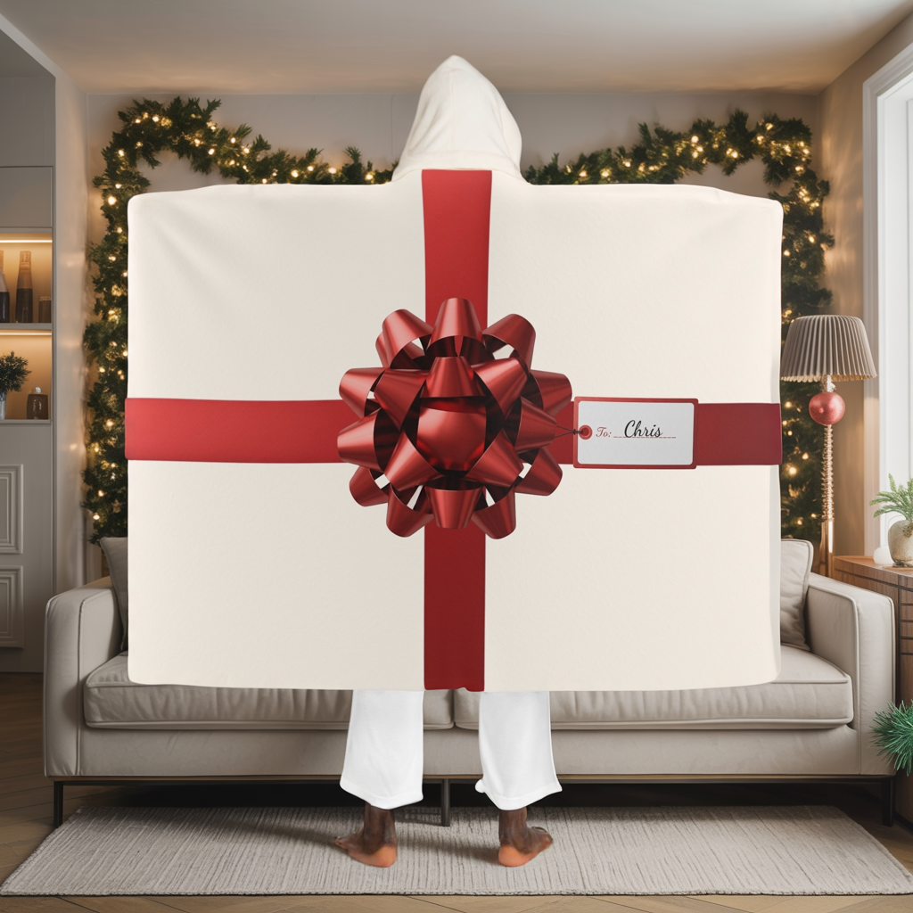Custom Name Hooded Blanket | Beige Gift Wrap Sherpa Fleece Throw | Personalized Cozy Christmas Gift | Holiday Red Bow Blanket for Him Her