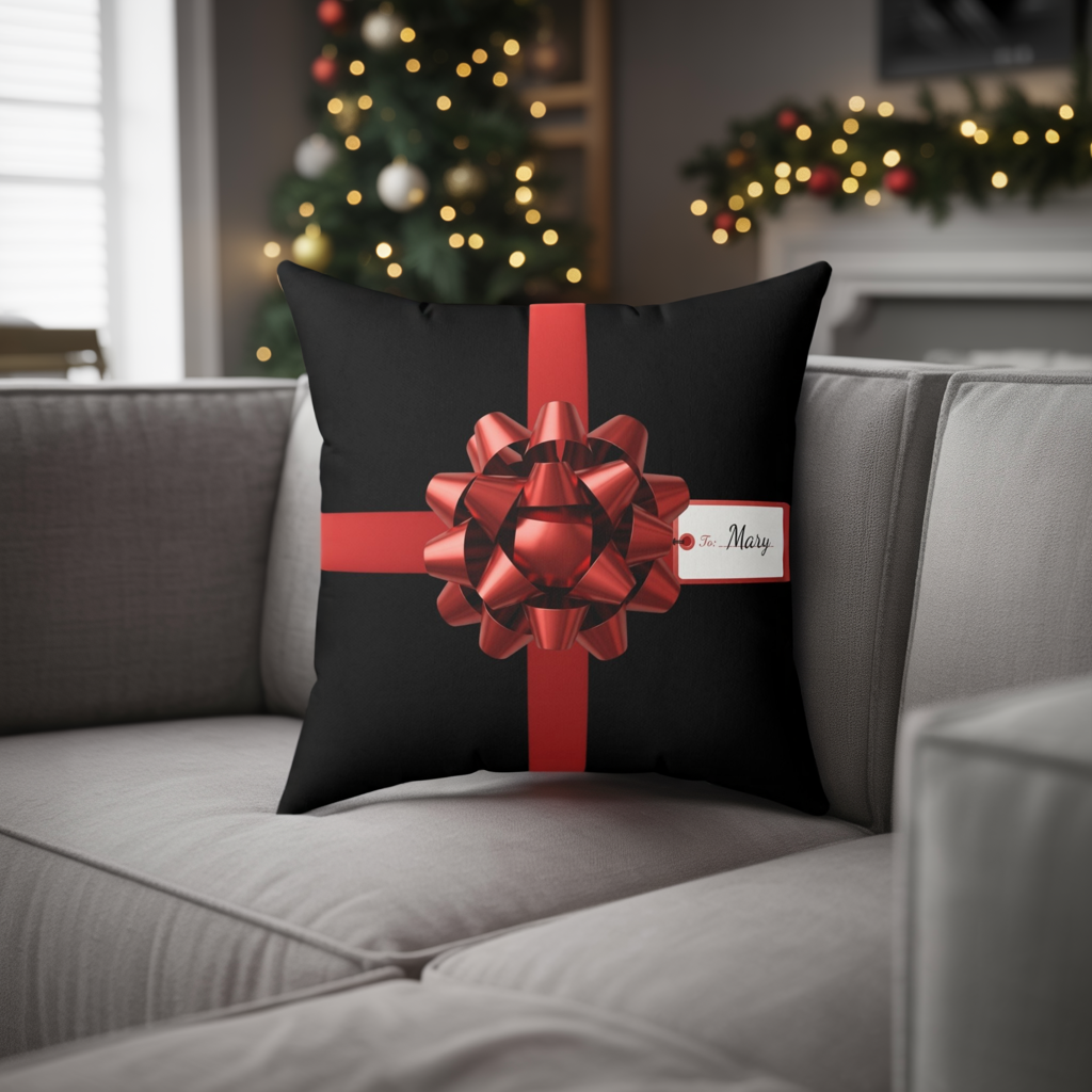 Custom Name Gift Wrap Pillow | Personalized Faux Suede Cushion | Holiday Red Bow Decor | Christmas Throw Pillow for Home or Gift