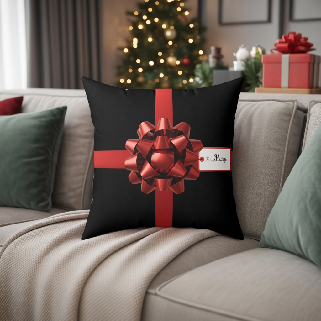 Custom Name Gift Wrap Pillow | Personalized Faux Suede Cushion | Holiday Red Bow Decor | Christmas Throw Pillow for Home or Gift