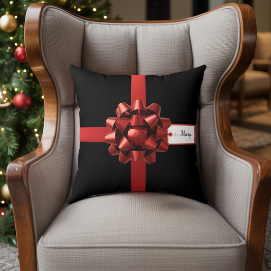 Custom Name Gift Wrap Pillow | Personalized Faux Suede Cushion | Holiday Red Bow Decor | Christmas Throw Pillow for Home or Gift