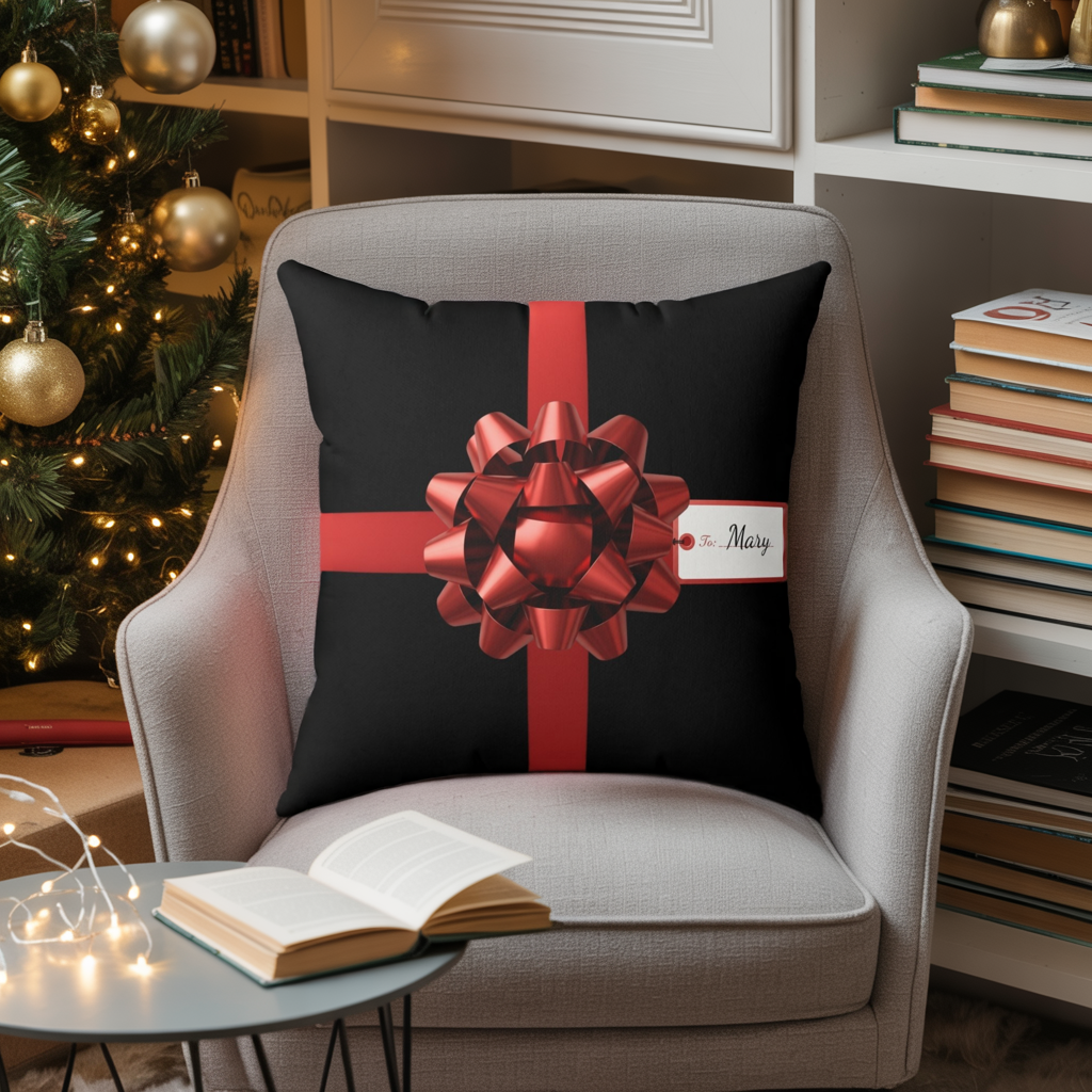 Custom Name Gift Wrap Pillow | Personalized Faux Suede Cushion | Holiday Red Bow Decor | Christmas Throw Pillow for Home or Gift