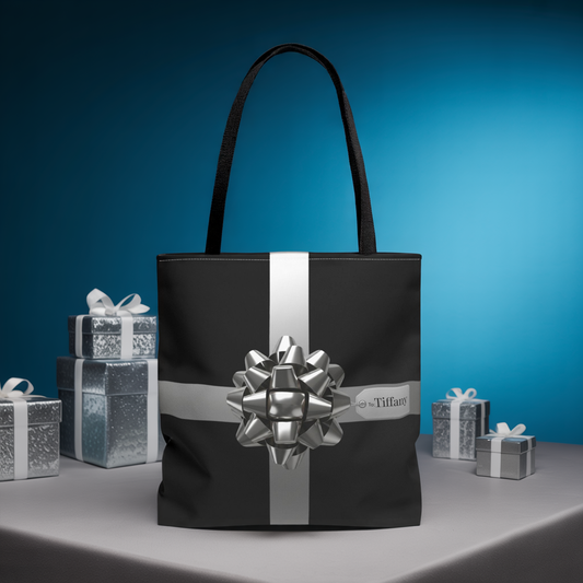 Custom Name Tote Bag | Black and Silver Gift Wrap Design | Personalized Holiday Shopper | Elegant Christmas Gift Bag