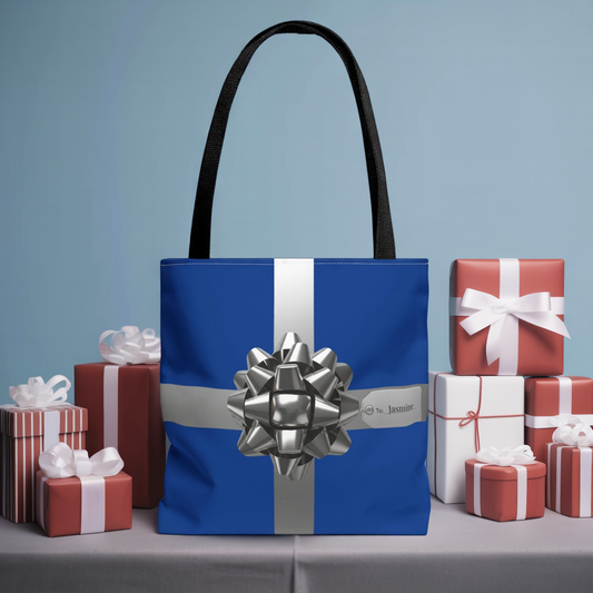 Custom Name Tote Bag | Blue and Silver Gift Wrap Design | Personalized Shopper Bag | Elegant Holiday Gift Tote