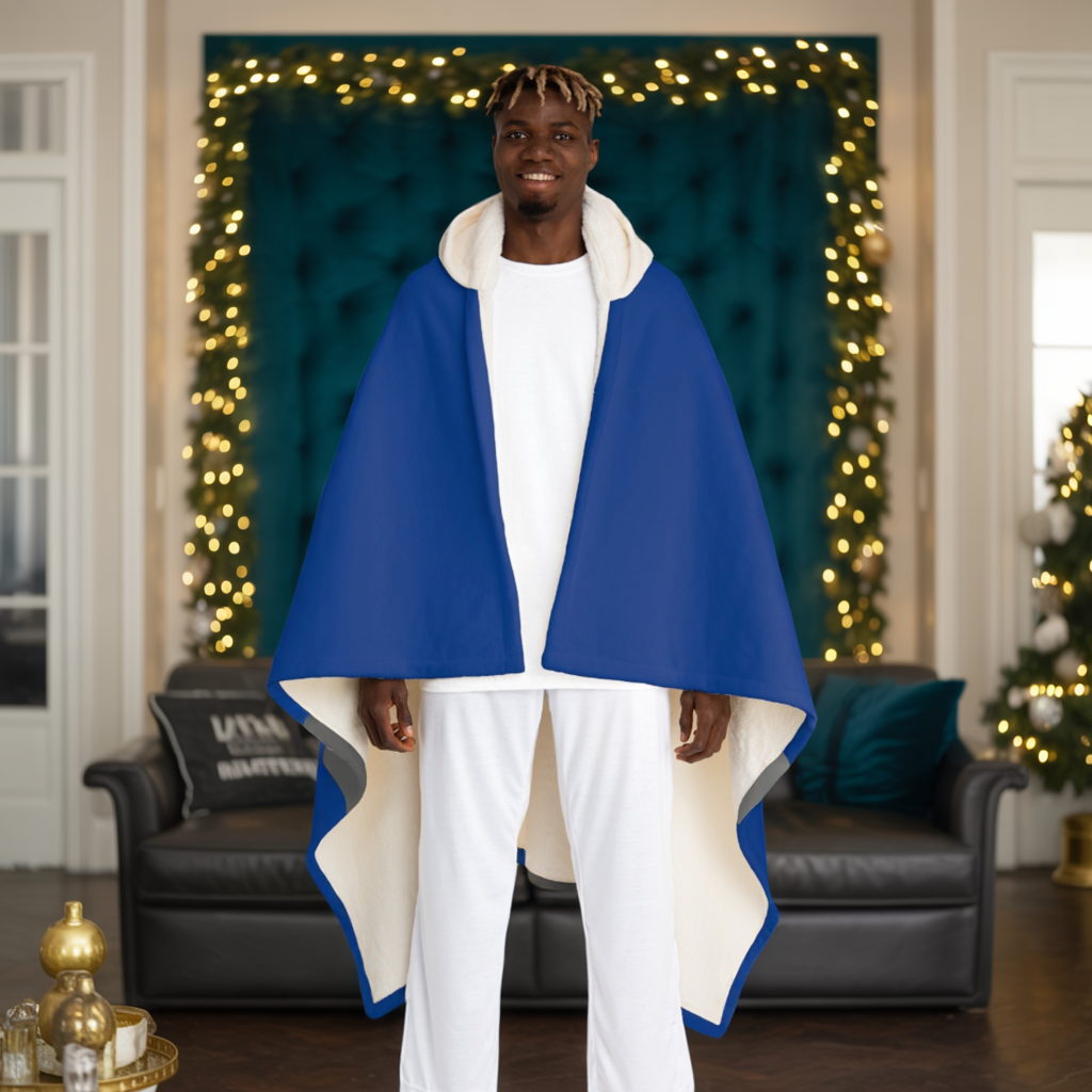 Custom Name Hooded Sherpa Blanket | Blue Personalized Gift Wrap Blanket | Cozy Wearable Sherpa Throw for Him or Her