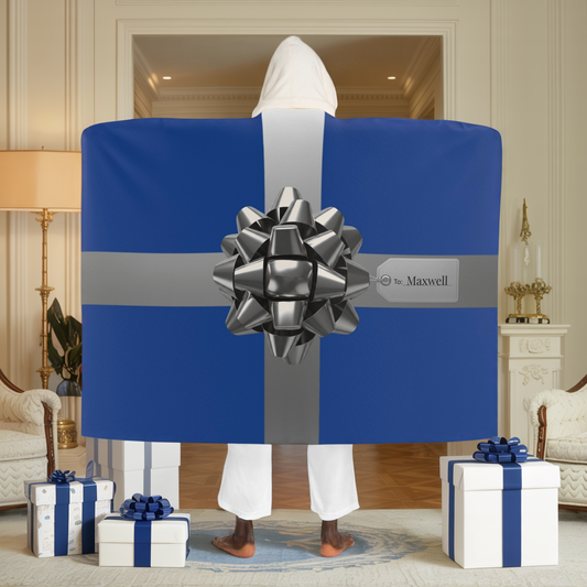 Custom Name Hooded Sherpa Blanket | Blue Personalized Gift Wrap Blanket | Cozy Wearable Sherpa Throw for Him or Her