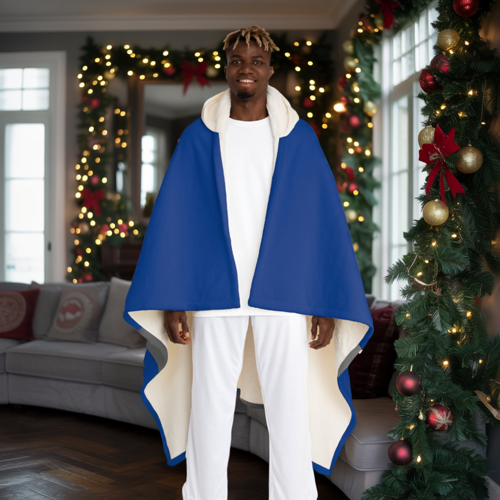 Custom Name Hooded Sherpa Blanket | Blue Personalized Gift Wrap Blanket | Cozy Wearable Sherpa Throw for Him or Her