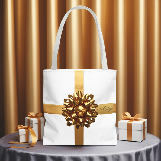 Custom Name Tote Bag | Gold Bow Gift Wrap Design | Personalized White or Black Handle Bag for Everyday Luxury & Gifting