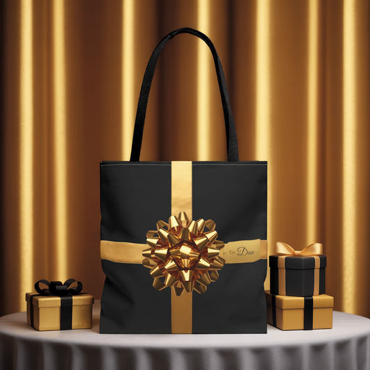 Custom Name Tote Bag | Black & Gold Gift Wrap Design | Personalized Luxury Tote for Stylish Everyday Use or Gifting