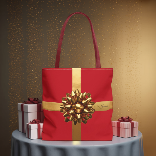 Custom Name Tote Bag | Red & Gold Gift Wrap Design | Personalized Holiday Tote with Luxury Bow | Perfect Christmas Gift Bag