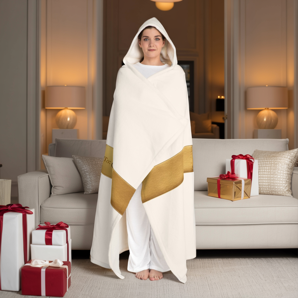 Custom Name Hooded Sherpa Blanket • Luxurious Gift Wrap Design • Cozy Personalized Holiday Gift • Warm Plush Hooded Throw