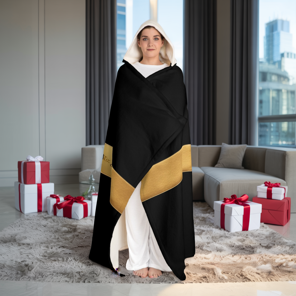 Custom Name Hooded Sherpa Blanket – Luxury Gift Wrap Design, Christmas Gift, Cozy Personalized Blanket w/ Gold Bow, Holiday Name Blanket