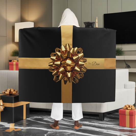 Custom Name Hooded Sherpa Blanket – Luxury Gift Wrap Design, Christmas Gift, Cozy Personalized Blanket w/ Gold Bow, Holiday Name Blanket