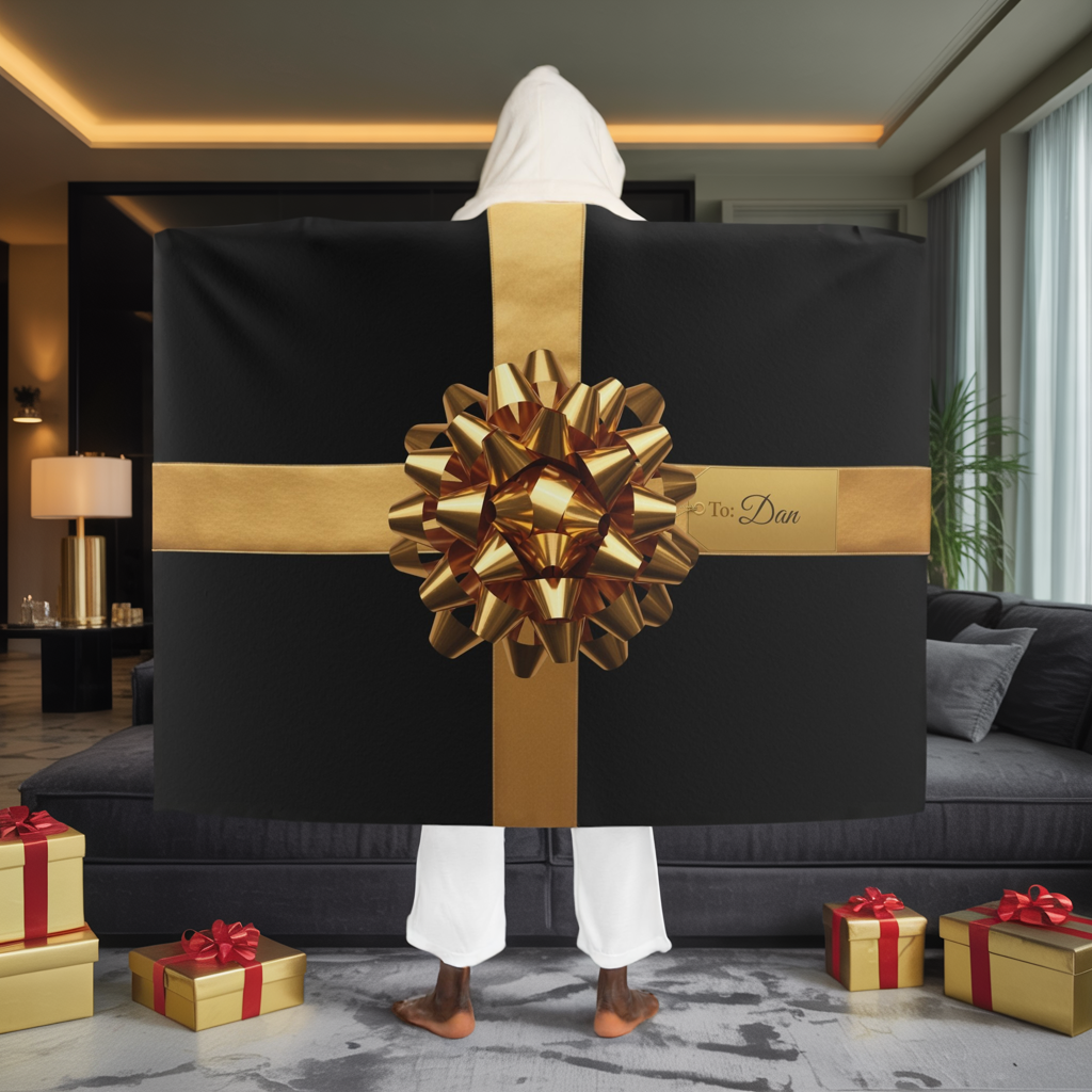 Custom Name Hooded Sherpa Blanket – Luxury Gift Wrap Design, Christmas Gift, Cozy Personalized Blanket w/ Gold Bow, Holiday Name Blanket