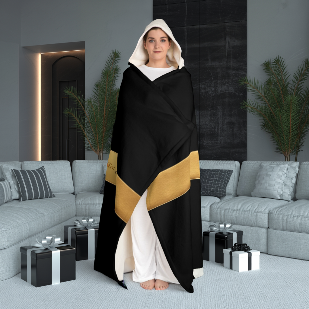 Custom Name Hooded Sherpa Blanket – Luxury Gift Wrap Design, Christmas Gift, Cozy Personalized Blanket w/ Gold Bow, Holiday Name Blanket