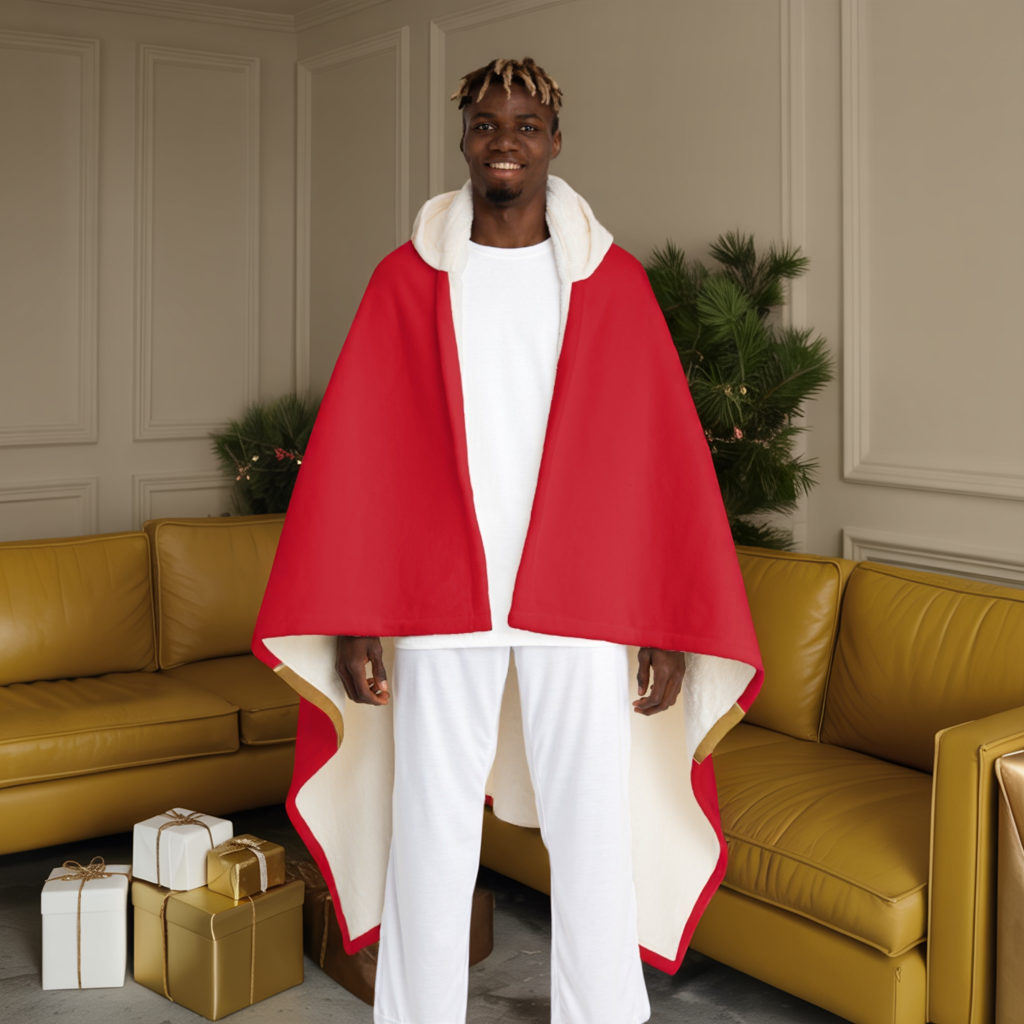 Personalized Red Hooded Sherpa Blanket with Gold Gift Bow - Custom Name Christmas Wrap Blanket, Cozy Holiday Gift for Her, Him, Kids