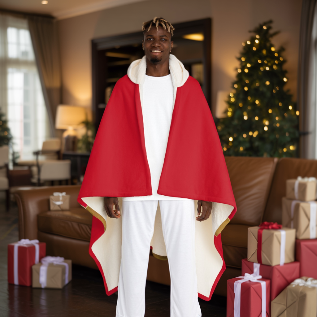 Personalized Red Hooded Sherpa Blanket with Gold Gift Bow - Custom Name Christmas Wrap Blanket, Cozy Holiday Gift for Her, Him, Kids