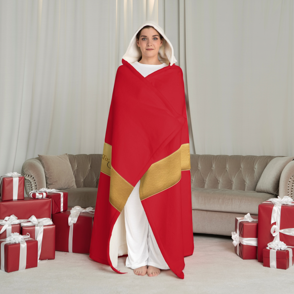 Personalized Red Hooded Sherpa Blanket with Gold Gift Bow - Custom Name Christmas Wrap Blanket, Cozy Holiday Gift for Her, Him, Kids