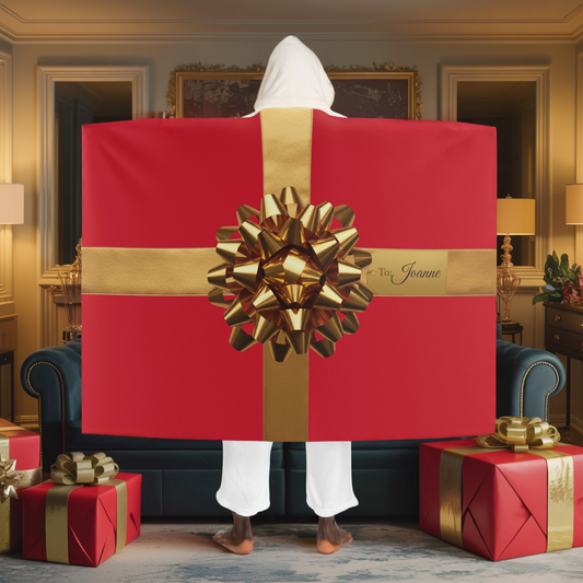 Personalized Red Hooded Sherpa Blanket with Gold Gift Bow - Custom Name Christmas Wrap Blanket, Cozy Holiday Gift for Her, Him, Kids