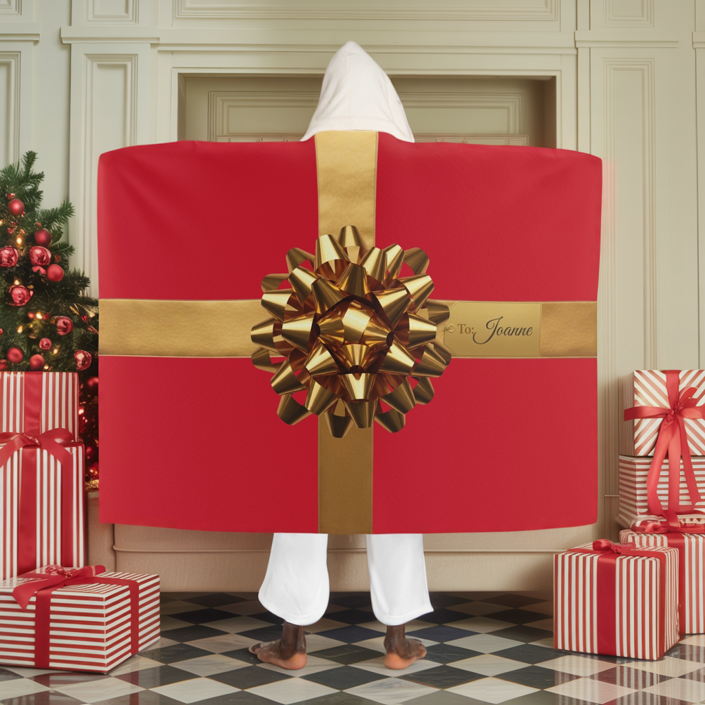 Personalized Red Hooded Sherpa Blanket with Gold Gift Bow - Custom Name Christmas Wrap Blanket, Cozy Holiday Gift for Her, Him, Kids