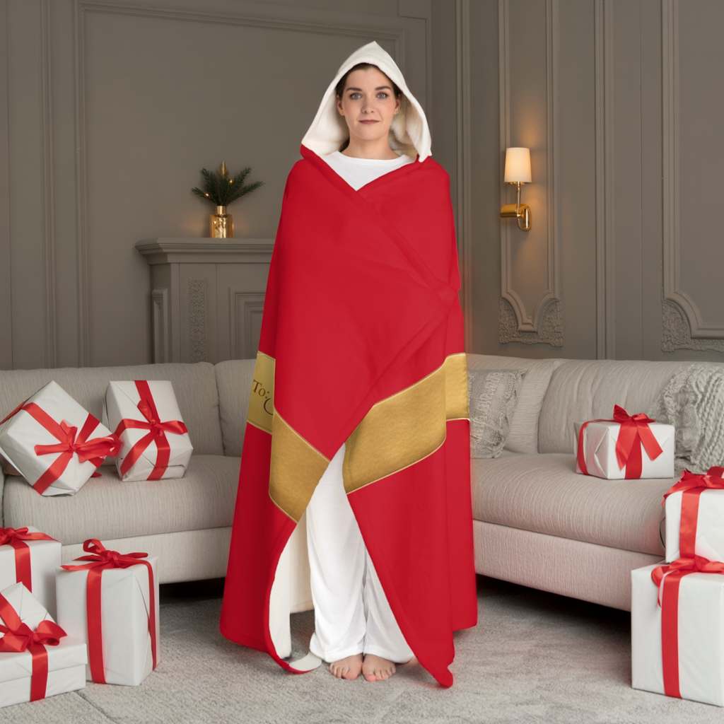 Personalized Red Hooded Sherpa Blanket with Gold Gift Bow - Custom Name Christmas Wrap Blanket, Cozy Holiday Gift for Her, Him, Kids