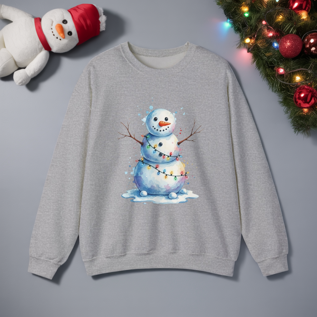 Watercolor Snowman Christmas Sweatshirt, Cute Snowman Crewneck for Winter, Holiday Lights Snowman Sweater, Cozy Unisex Christmas Gift