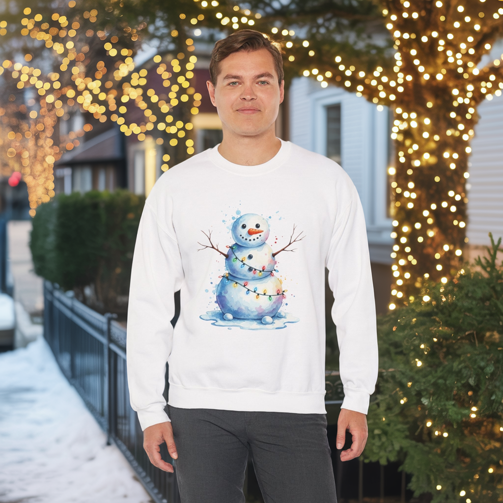 Watercolor Snowman Christmas Sweatshirt, Cute Snowman Crewneck for Winter, Holiday Lights Snowman Sweater, Cozy Unisex Christmas Gift