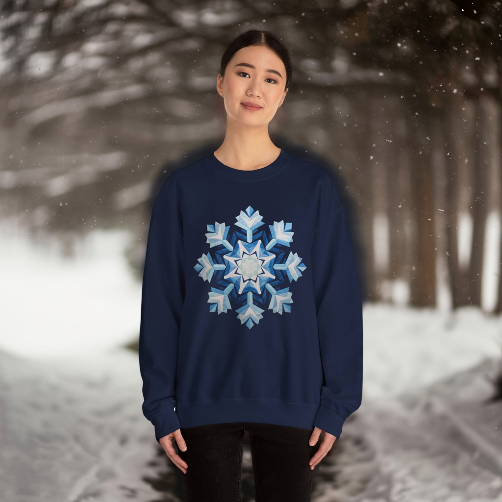 Faux Patchwork Snowflake Sweatshirt, Winter Snowflake Crewneck Unisex, Cozy Holiday Patchwork Sweatshirt, Nordic Snowflake Winter Pullover