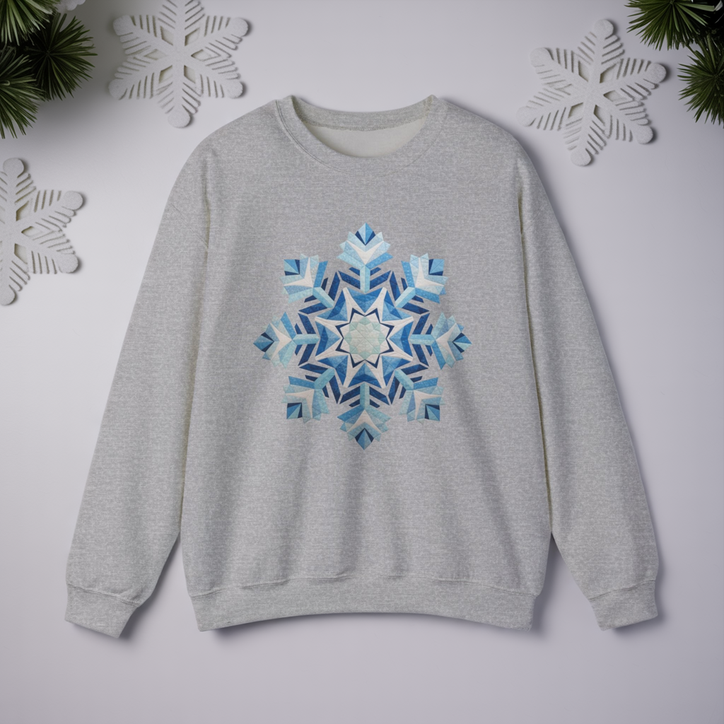Faux Patchwork Snowflake Sweatshirt, Winter Snowflake Crewneck Unisex, Cozy Holiday Patchwork Sweatshirt, Nordic Snowflake Winter Pullover