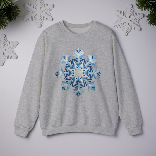 Faux Patchwork Snowflake Sweatshirt, Winter Snowflake Crewneck Unisex, Cozy Holiday Patchwork Sweatshirt, Nordic Snowflake Winter Pullover