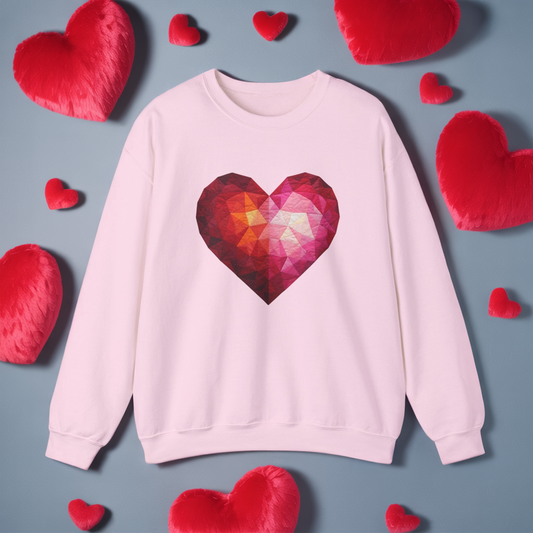 Faux Patchwork Heart Sweatshirt, Geometric Heart Sweater, Cute Valentines Sweatshirt, Cozy Pink Heart Crewneck, Winter Heart Pullover