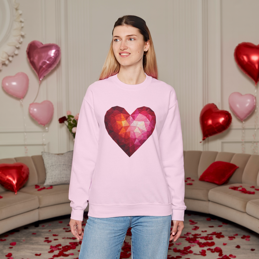 Faux Patchwork Heart Sweatshirt, Geometric Heart Sweater, Cute Valentines Sweatshirt, Cozy Pink Heart Crewneck, Winter Heart Pullover