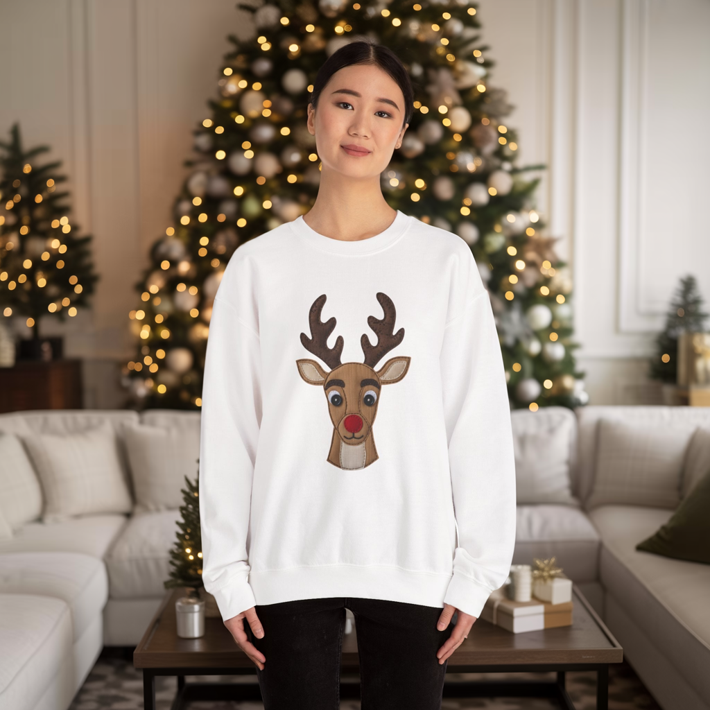 Faux Patchwork Rudolph Sweatshirt, Cute Reindeer Christmas Crewneck, Cozy Holiday Pullover, Winter Reindeer Sweater, Xmas Gift for Women