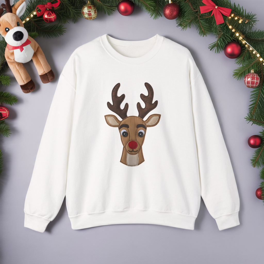 Faux Patchwork Rudolph Sweatshirt, Cute Reindeer Christmas Crewneck, Cozy Holiday Pullover, Winter Reindeer Sweater, Xmas Gift for Women