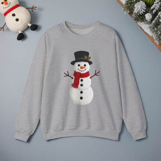 Faux Patchwork Crochet Snowman Sweatshirt, Winter Snowman Crewneck, Cozy Holiday Sweater, Christmas Sweatshirt, Festive Winter Shirt, unisex gift