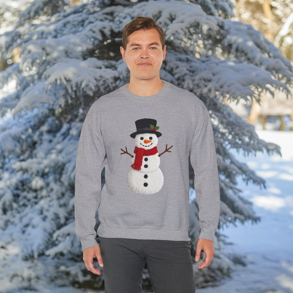 Faux Patchwork Crochet Snowman Sweatshirt, Winter Snowman Crewneck, Cozy Holiday Sweater, Christmas Sweatshirt, Festive Winter Shirt, unisex gift