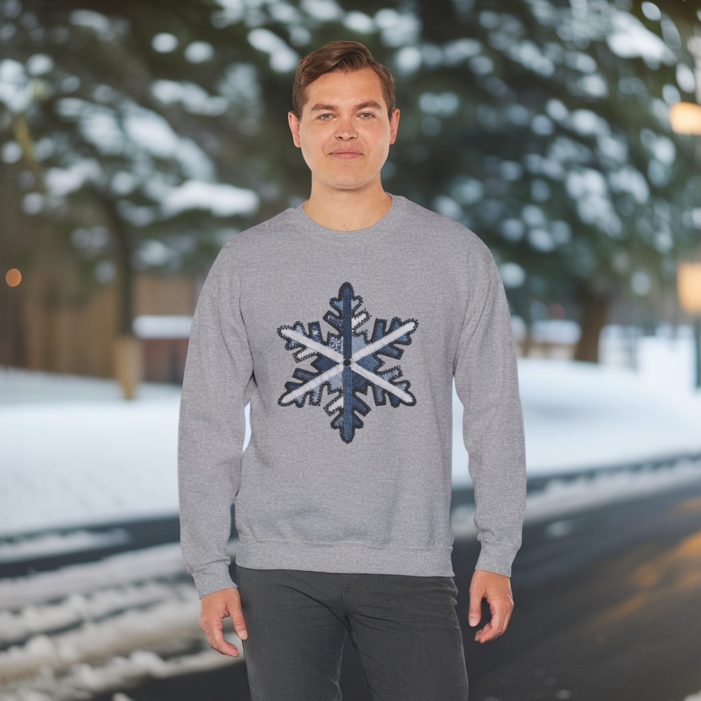Faux Patchwork Snowflake Sweatshirt, Winter Snowflake Crewneck, Cozy Christmas Sweatshirt, Holiday Patchwork Sweater, Winter Gift