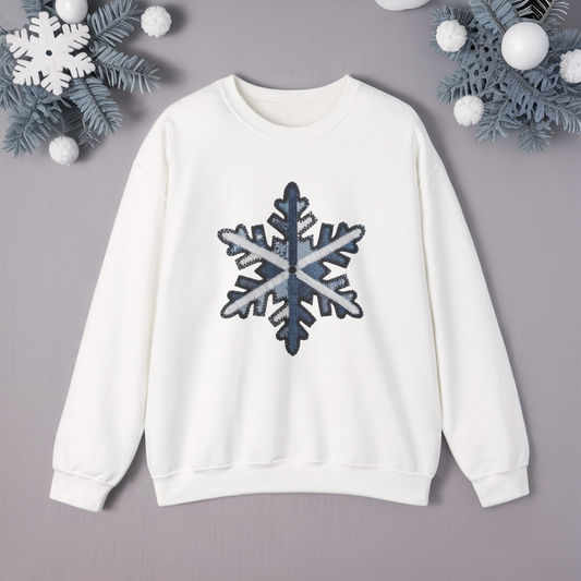 Faux Patchwork Snowflake Sweatshirt, Winter Snowflake Crewneck, Cozy Christmas Sweatshirt, Holiday Patchwork Sweater, Winter Gift