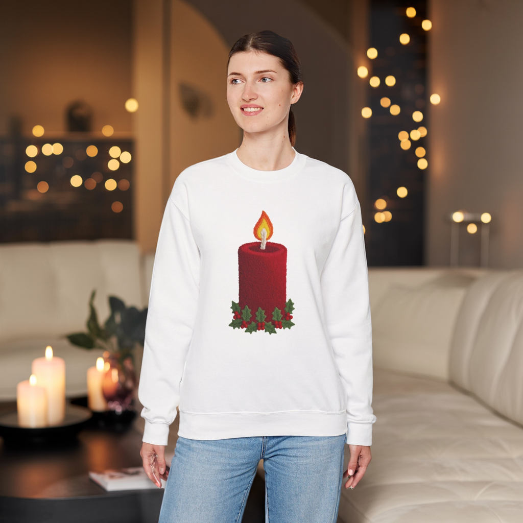Faux Patchwork Crochet Candle Sweatshirt, Christmas Candle Sweater, Holiday Cozy Winter Crewneck, Cute Xmas Candle Sweatshirt, Unisex Holiday Top