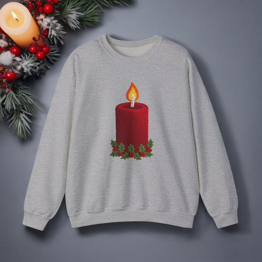 Faux Patchwork Crochet Candle Sweatshirt, Christmas Candle Sweater, Holiday Cozy Winter Crewneck, Cute Xmas Candle Sweatshirt, Unisex Holiday Top