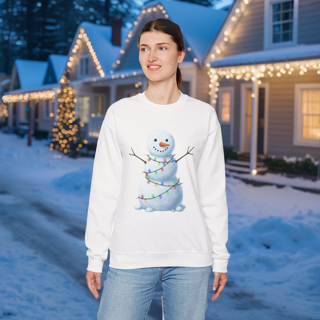 Cute Snowman Christmas Sweatshirt, Holiday Snowman Lights Sweater, Winter Snowman Crewneck, Cozy Christmas Gift, Festive Holiday Shirt