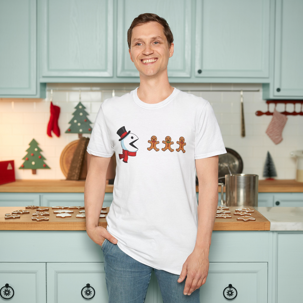 Snowman Pacman Christmas Shirt, Funny Gingerbread Men Tee, Cute Holiday Snowman T-Shirt, Christmas Humor Graphic Tee, Winter Holiday Shirt