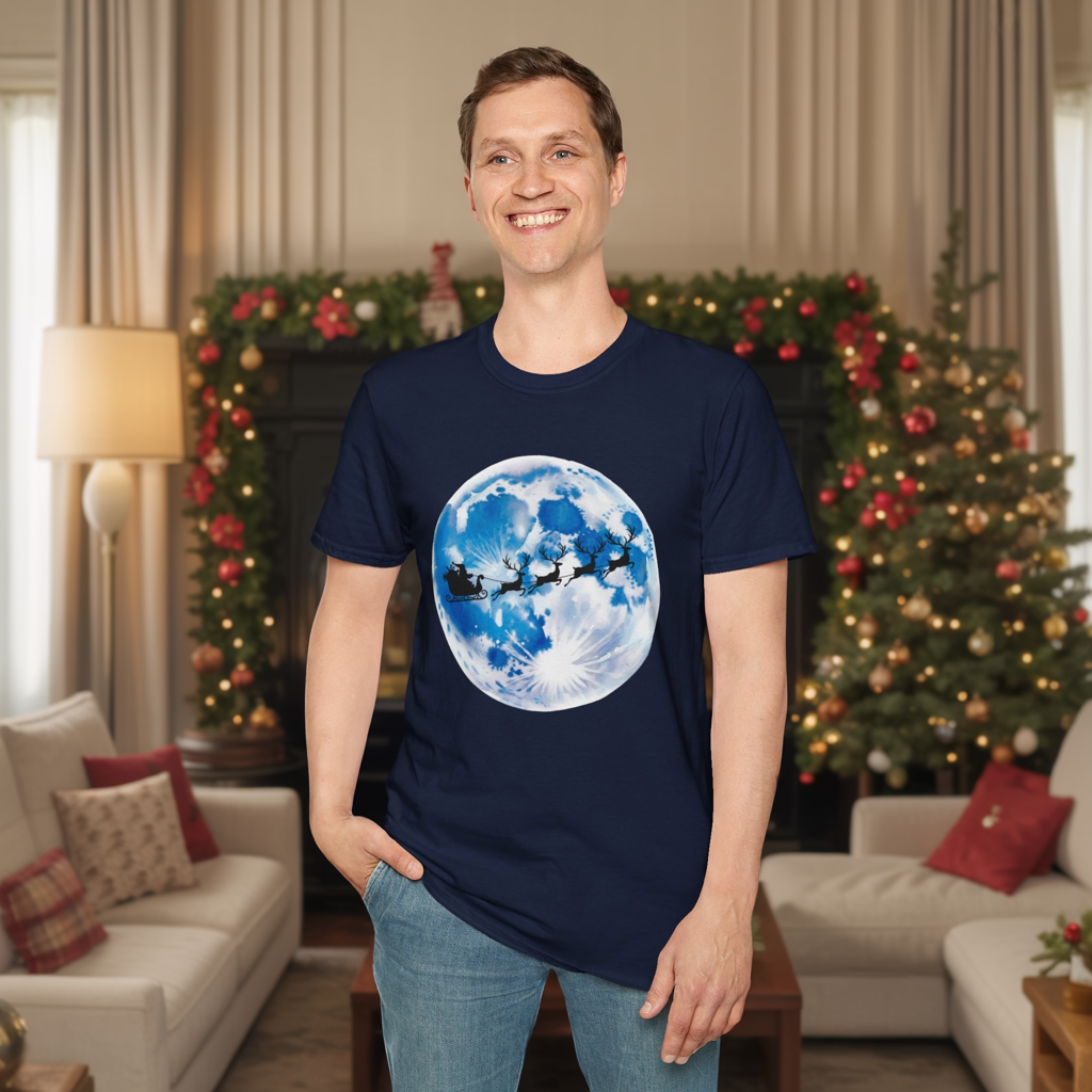 Santa Moon Christmas T-Shirt, Reindeer Sleigh Christmas Tee, Holiday Moonlight Xmas Shirt, Festive Christmas Graphic Tee, Winter Night Christmas Gift Tee
