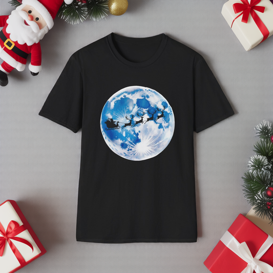 Santa Moon Christmas T-Shirt, Reindeer Sleigh Christmas Tee, Holiday Moonlight Xmas Shirt, Festive Christmas Graphic Tee, Winter Night Christmas Gift Tee
