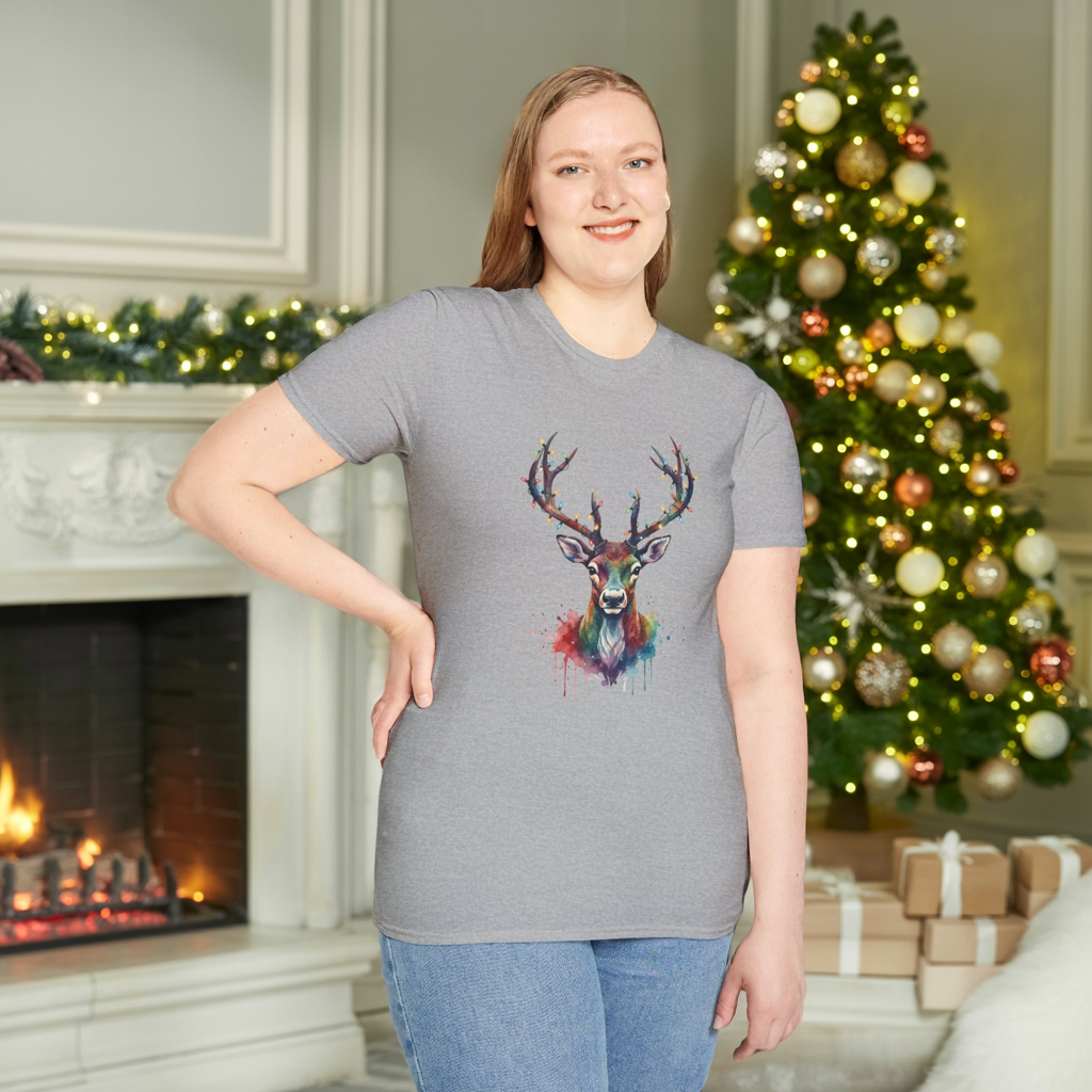 Christmas Deer Shirt, Watercolor Buck T-Shirt, Deer With Christmas Lights Tee, Holiday Wildlife Art Shirt, Colorful Deer Head Xmas Tee