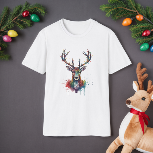 Christmas Deer Shirt, Watercolor Buck T-Shirt, Deer With Christmas Lights Tee, Holiday Wildlife Art Shirt, Colorful Deer Head Xmas Tee
